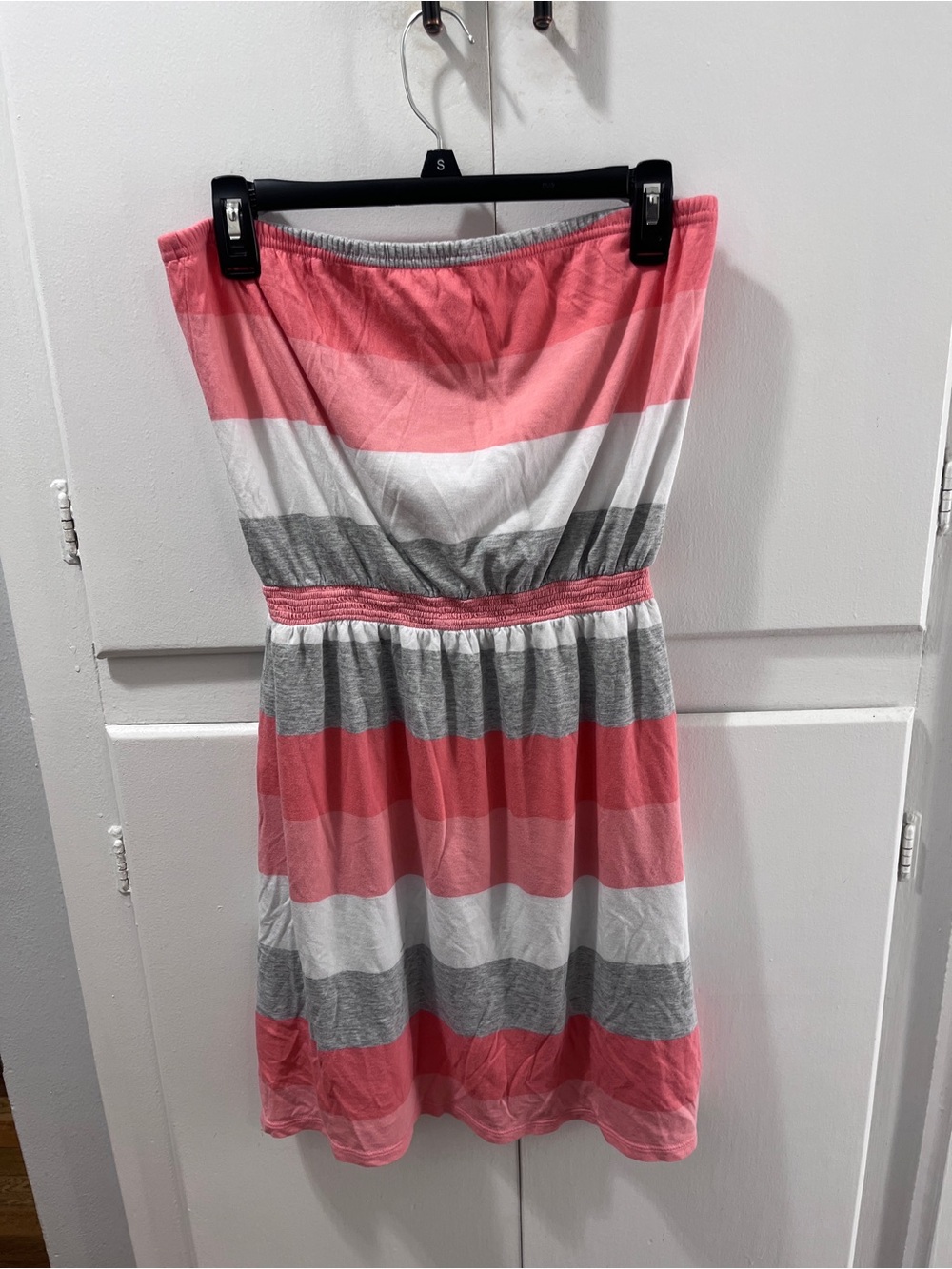 Banana Republic Strapless Coral Pink, Gray & White Stripe Dress